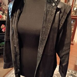 Winlit Women's Black Leather Jacket With Suede Patches Back and Arms